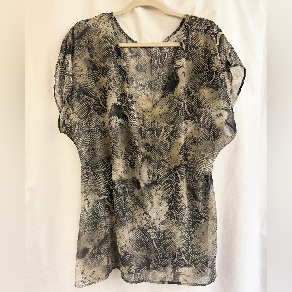 neutral edgy snakeskin print sheer short sleeve blouse elevated  cover up tunic